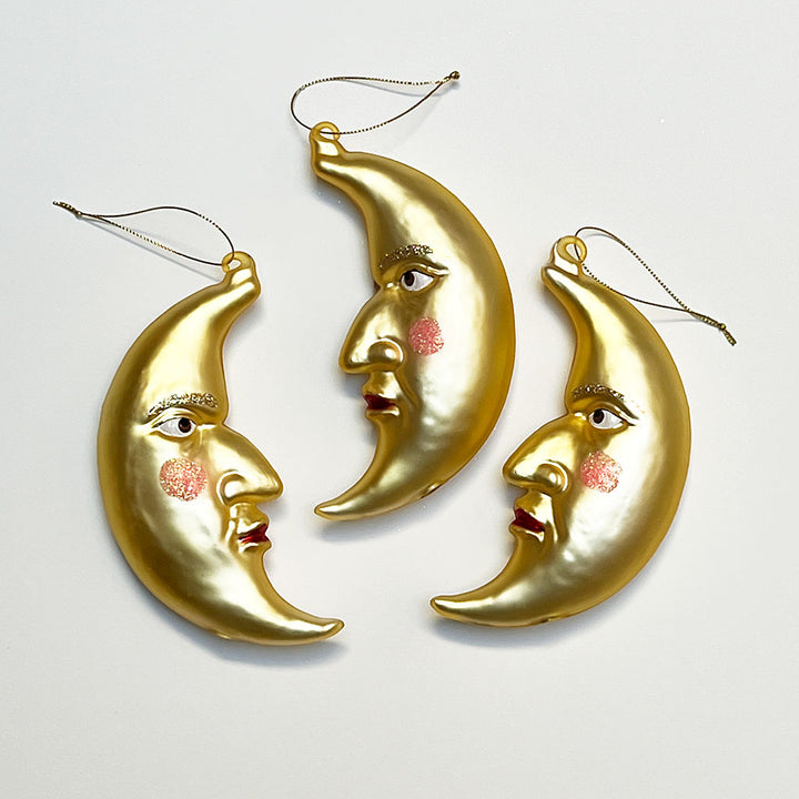 Rosy Cheek Crescent Moon Man Gold Glass Ornament