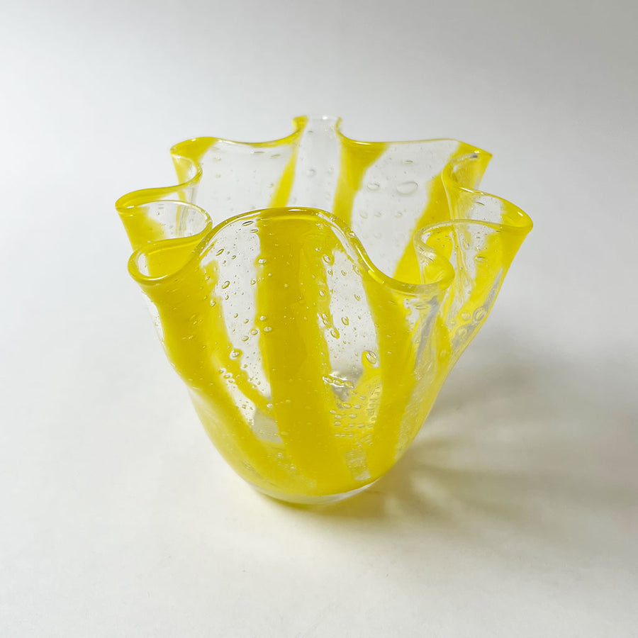 Vintage Yellow Striped Glass Ruffle Bowl