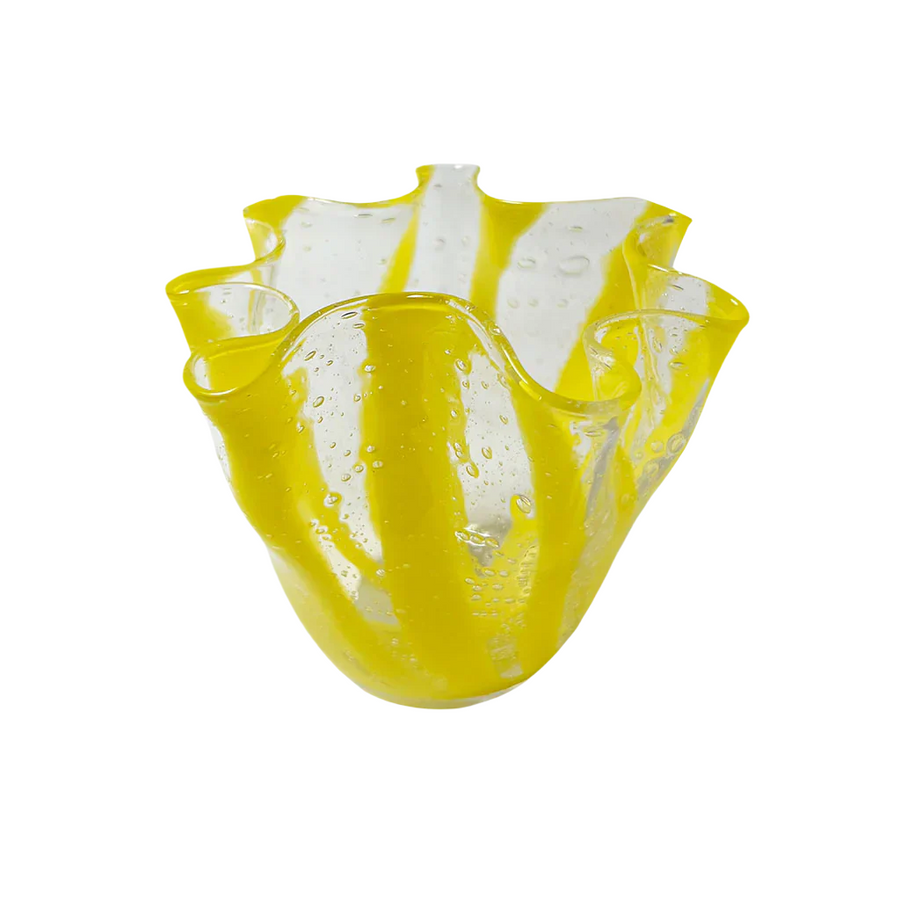 Vintage Yellow Striped Glass Ruffle Bowl