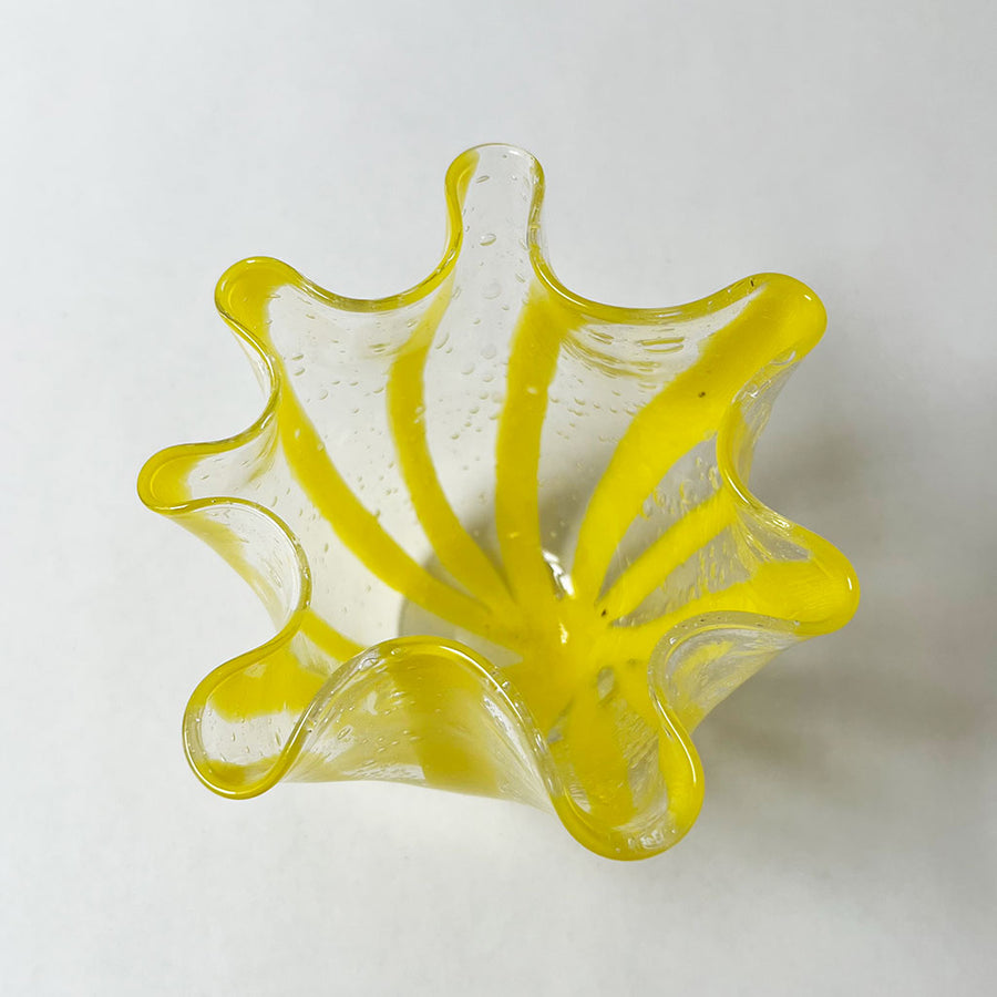 Vintage Yellow Striped Glass Ruffle Bowl