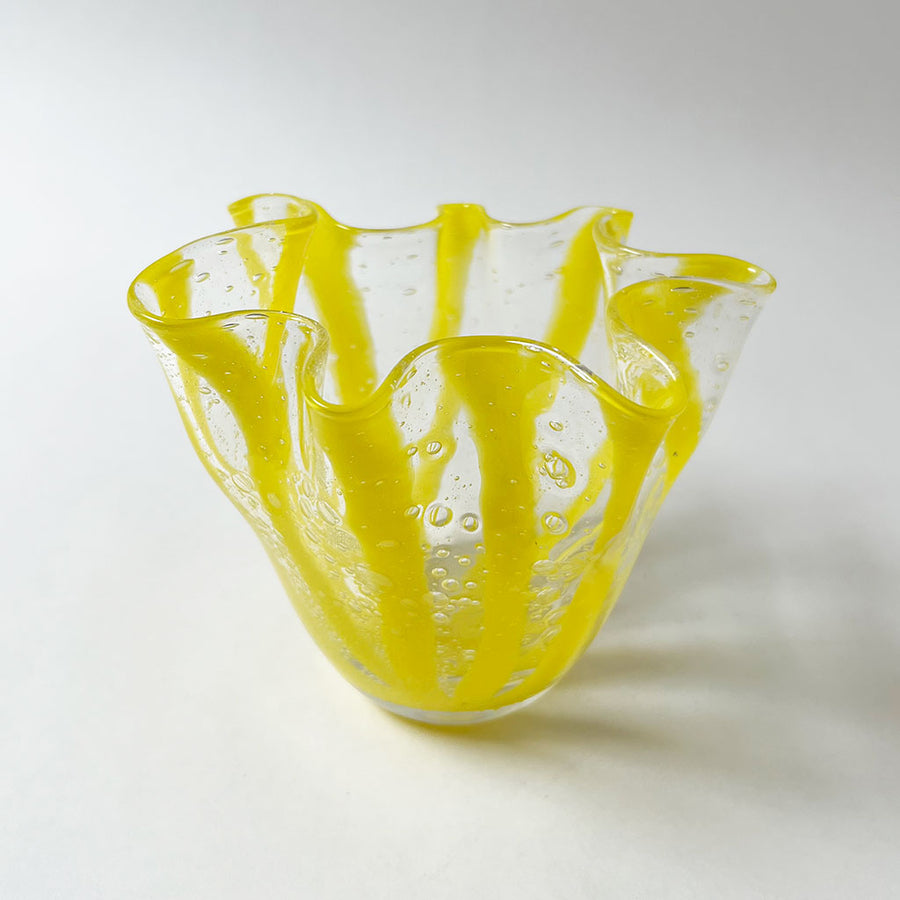 Vintage Yellow Striped Glass Ruffle Bowl
