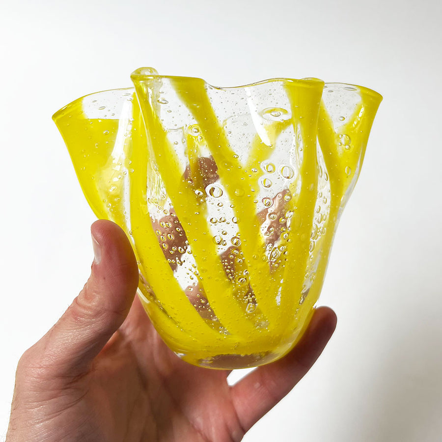 Vintage Yellow Striped Glass Ruffle Bowl