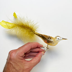 Golden Bird with Yellow Feather Tail Glass Clip Ornament