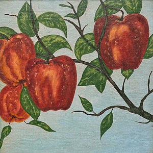Original Four Red Apples Painting on Board Vintage Art