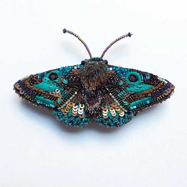 Teal & Brown Moth Embroidered Pin
