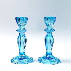 Aqua Blue Glass Candlesticks, Set of 2