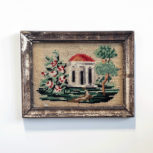 Original Garden Folly Needlework in Frame Vintage Art