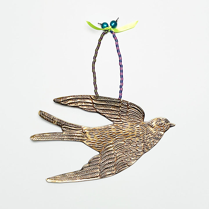 Brass Flying Swallow with Yellow Ribbon Wall Art