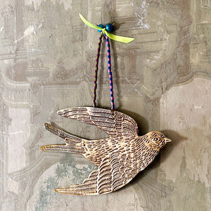 Brass Flying Swallow with Yellow Ribbon Wall Art