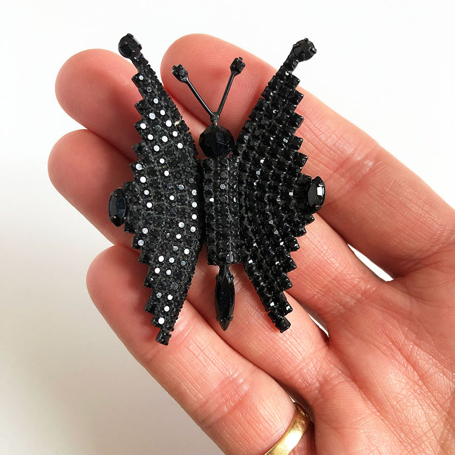 Vintage Black Crystal Butterfly Pin