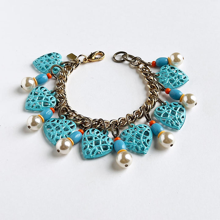Powder Blue Hearts & Vintage Glass Pearls  Bracelet