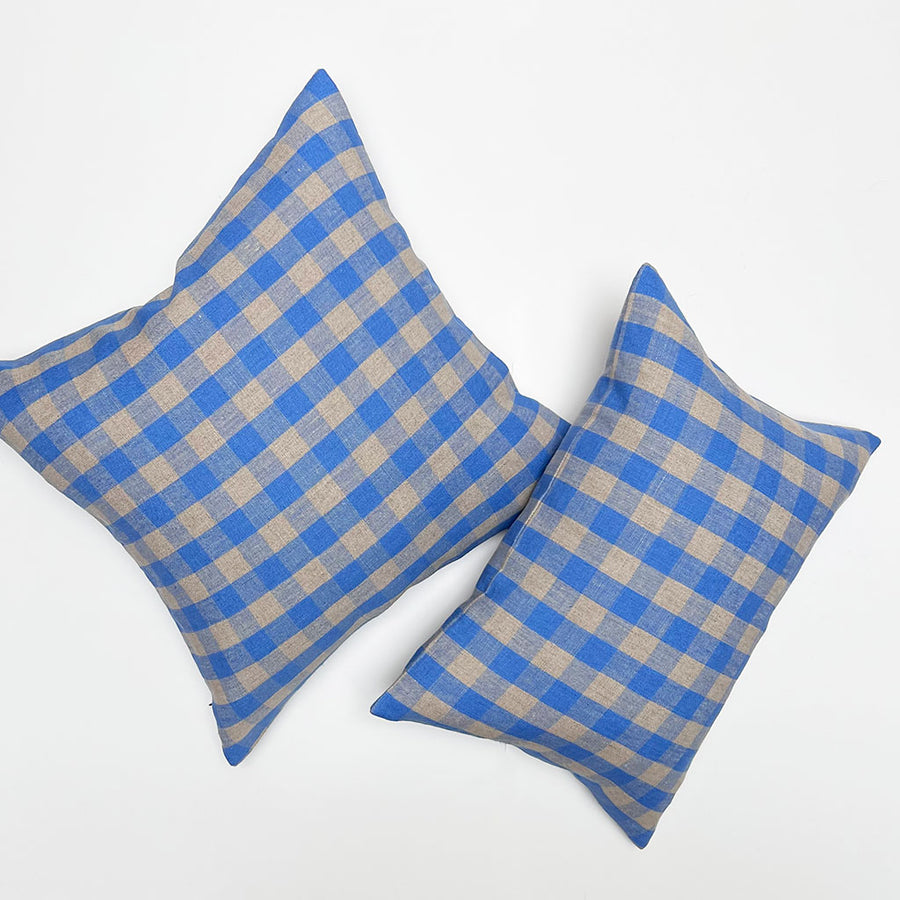 Gingham Linen Decorative Pillow: Blue & Natural