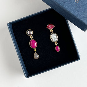 Three Charm Vintage Drop Earrings Pink
