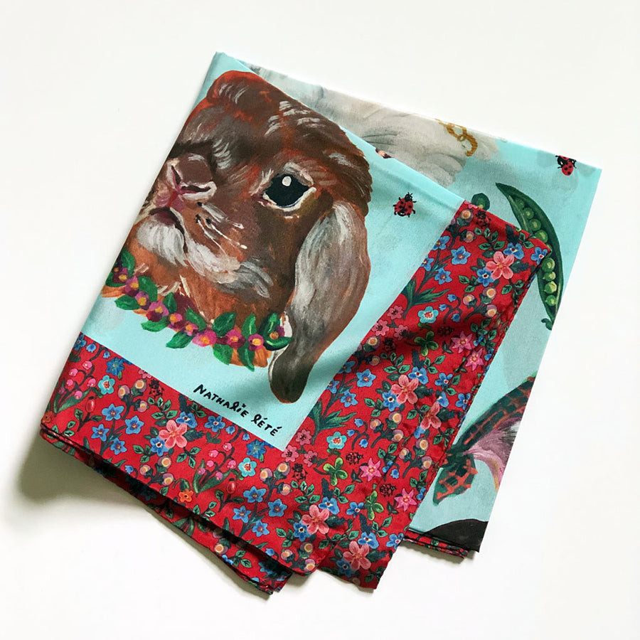 Heads of Rabbits on Blue Silk Scarf by Nathalie Lete