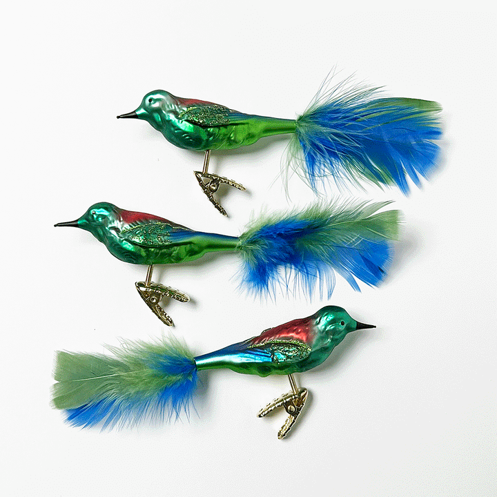 Teal Bird with Feather-Tail Glass Clip Ornament