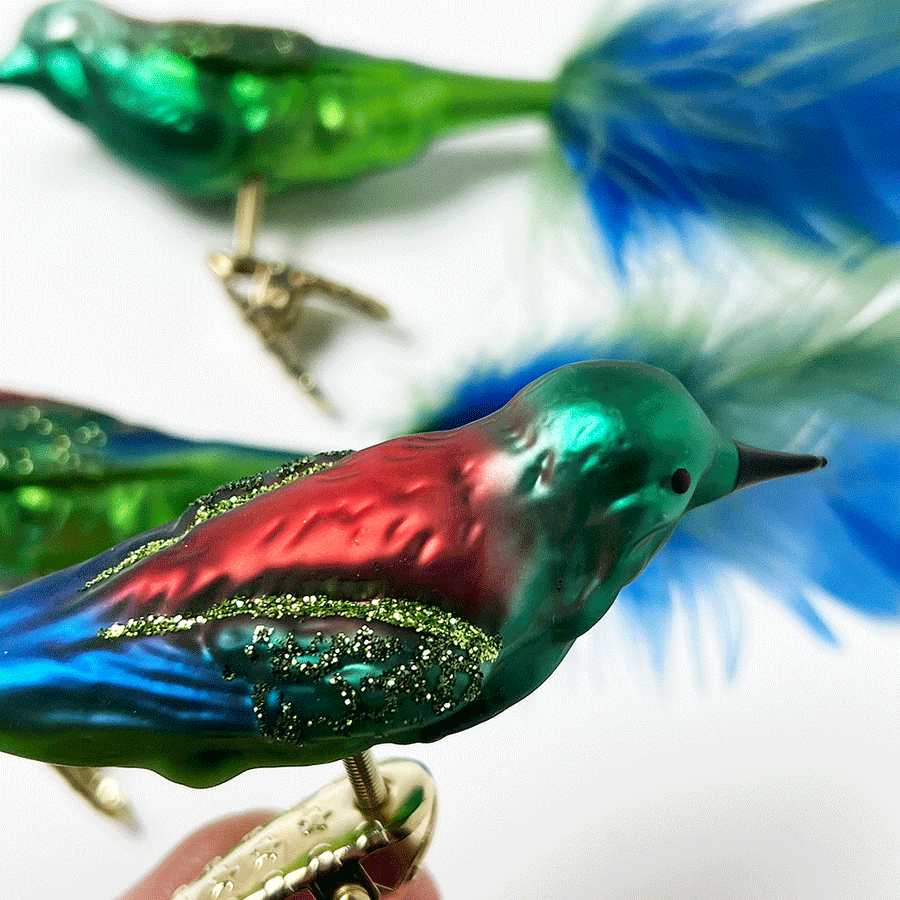 Teal Bird with Feather-Tail Glass Clip Ornament