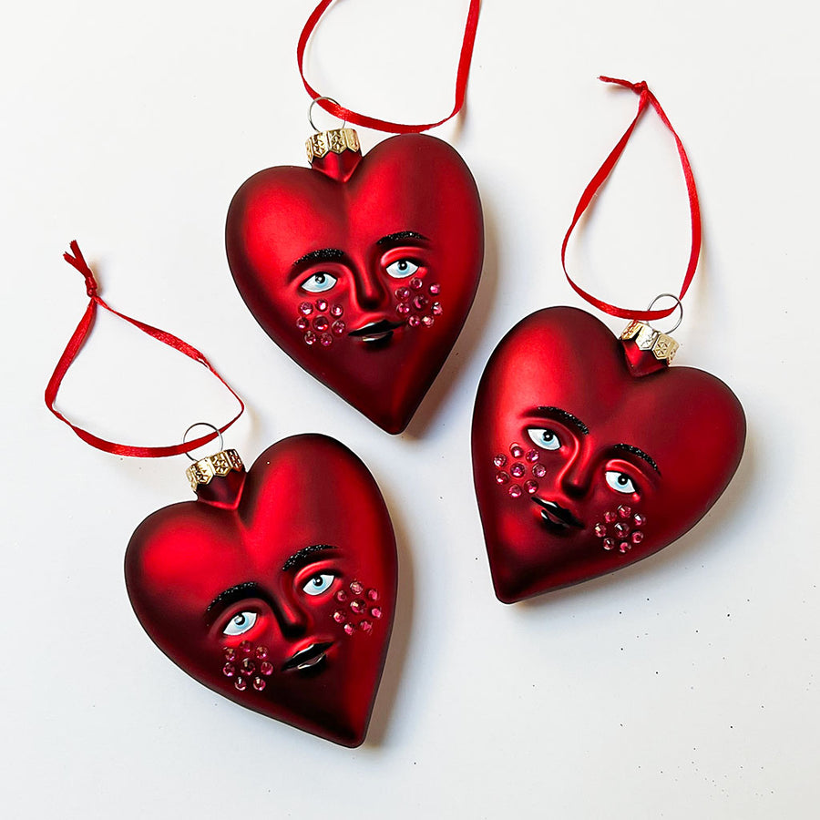 Red Heart Face Glass Ornament