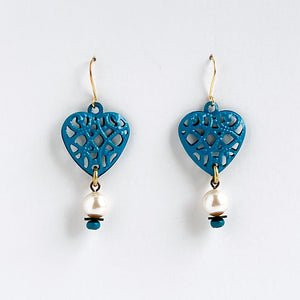 Peacock Blue Heart & Vintage Glass Pearl Earrings