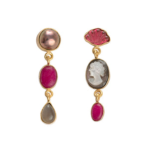 Three Charm Vintage Drop Earrings Pink