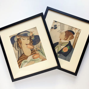 Original Stylish Couple Paintings on Paper by Helen Lambertson Vintage Art