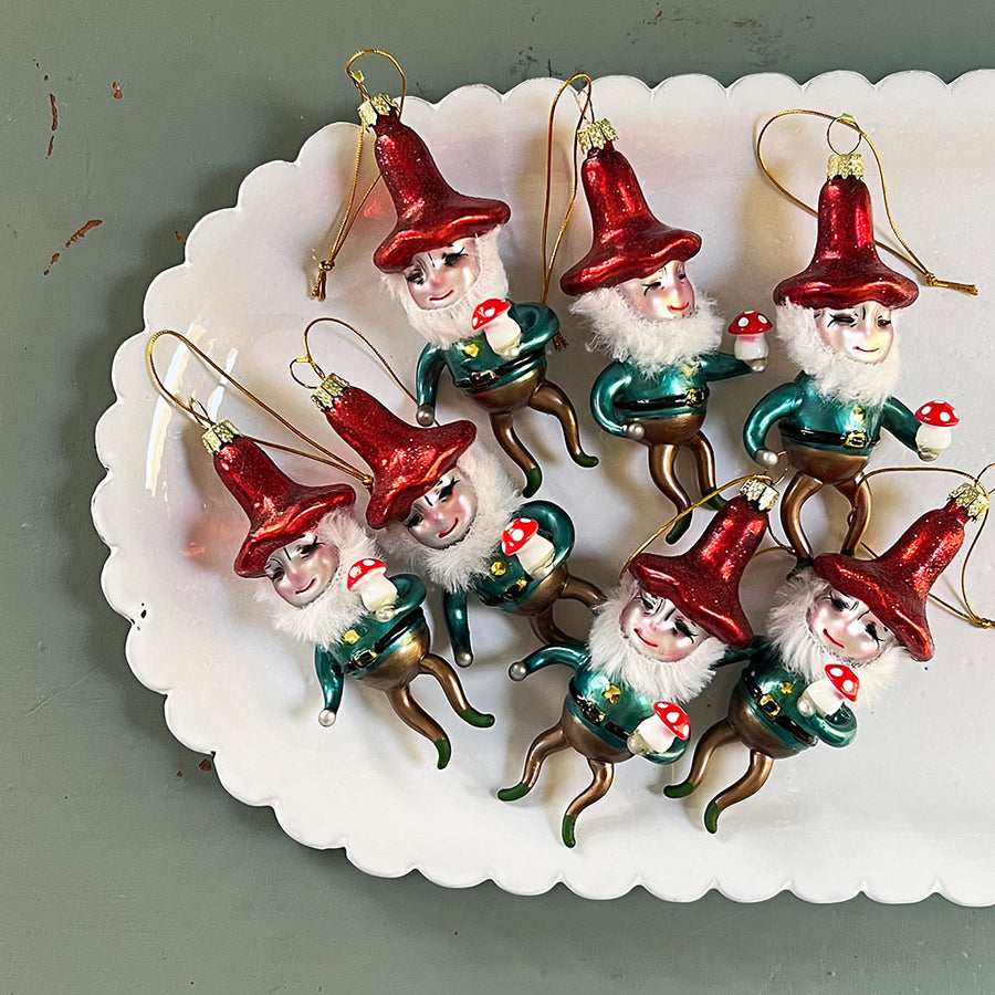 Gnome with Mushroom Glass Ornament