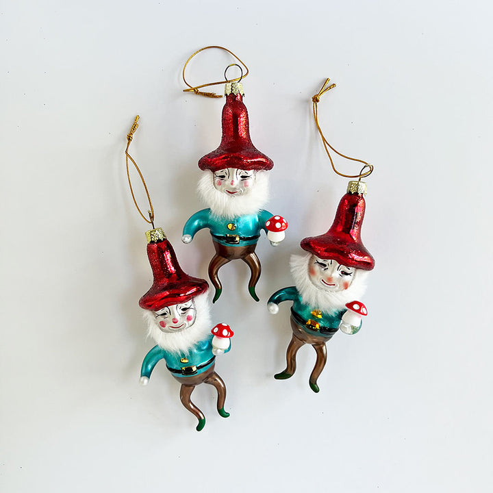 Gnome with Mushroom Glass Ornament
