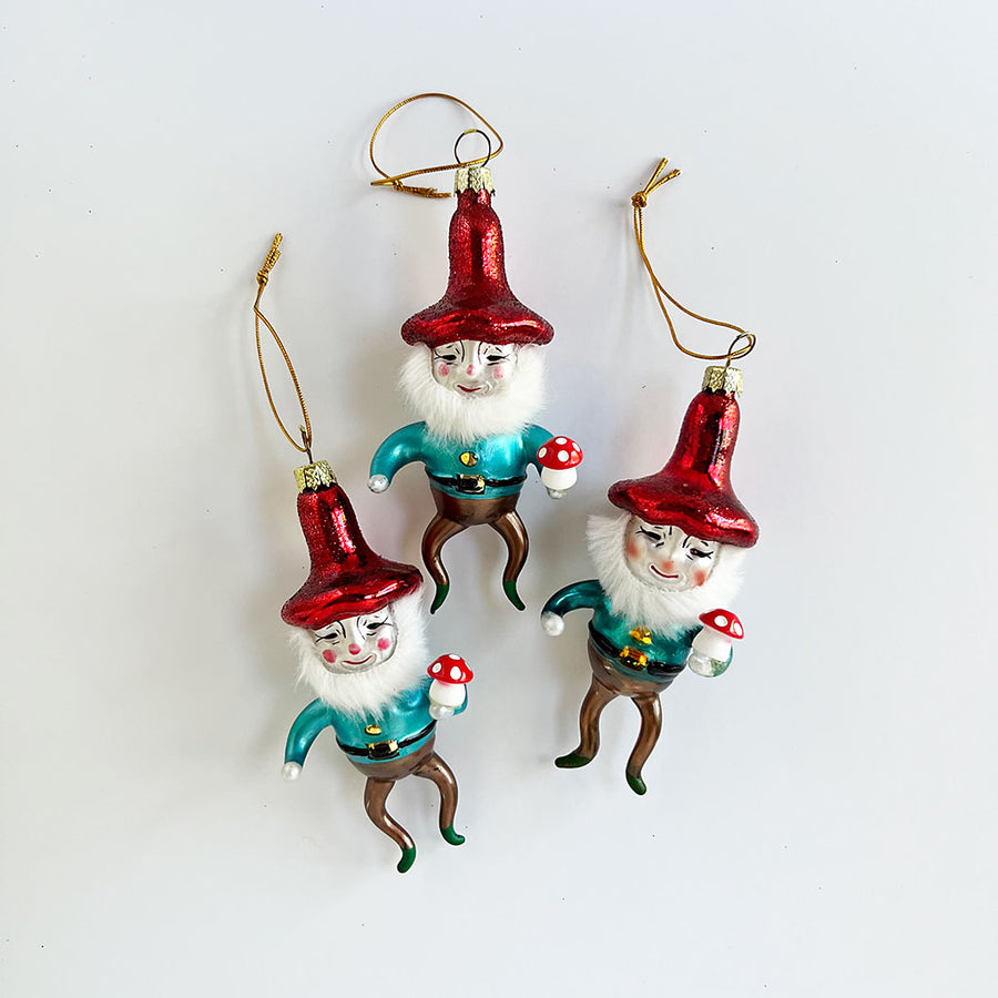 Gnome with Mushroom Glass Ornament