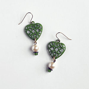Forest Green Heart & Vintage Glass Pearl Earrings