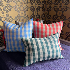 Gingham Linen Decorative Pillow: Blue & Natural