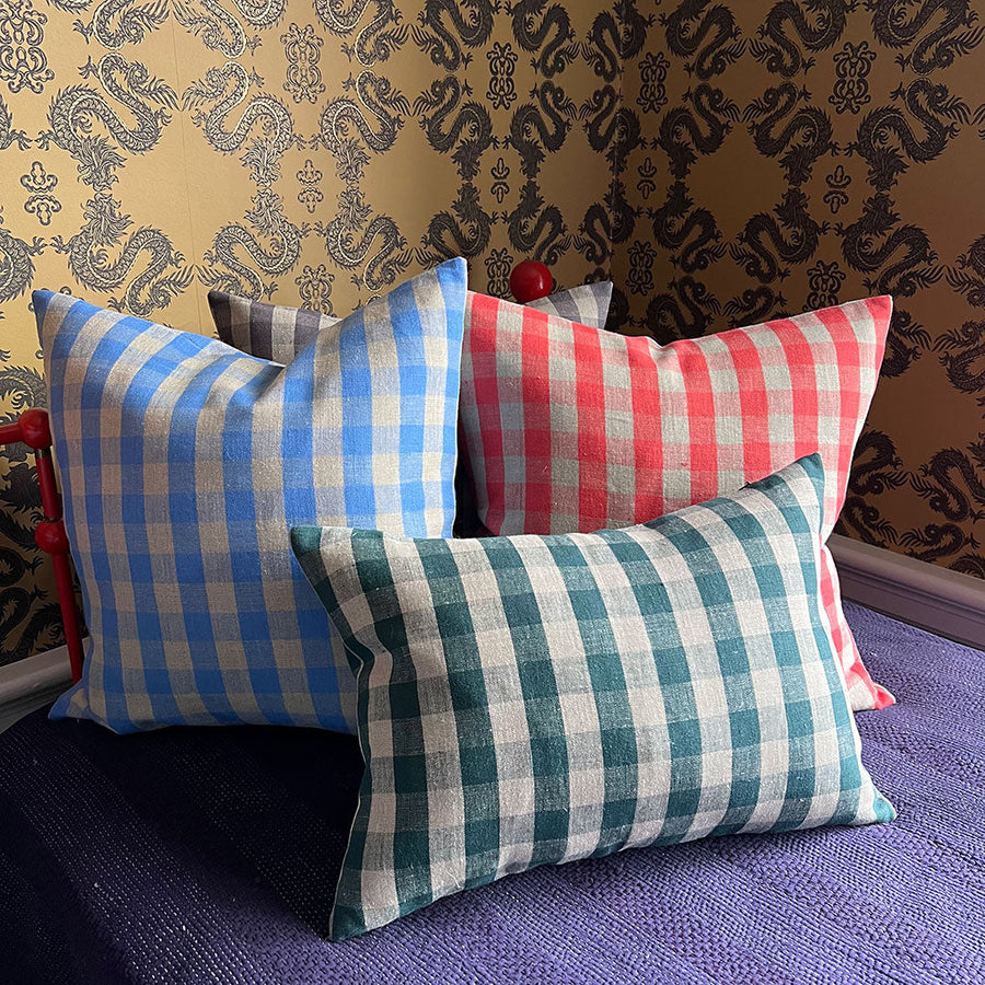 Gingham Linen Decorative Pillow: Forest Green & Natural