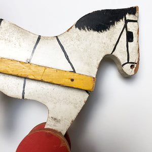 Vintage Painted Wood Horse with Cart Sculpture