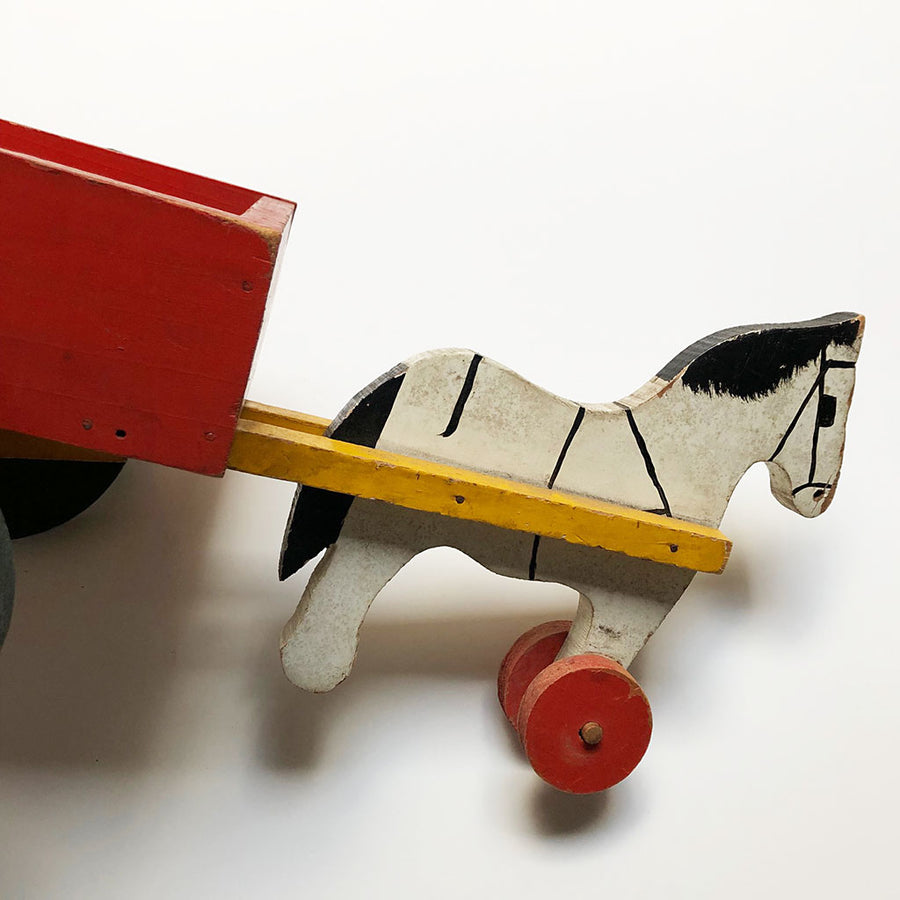 Vintage Painted Wood Horse with Cart Sculpture