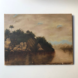 Original Landscape with Rocks Painting on Canvas Vintage Art (1800's)