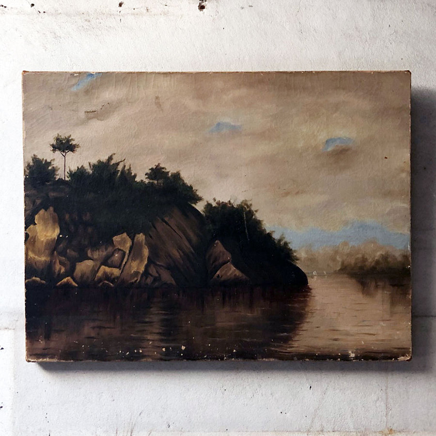 Original Landscape with Rocks Painting on Canvas Vintage Art (1800's)