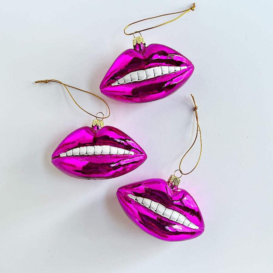 Fuchsia Pink Lips Glass Ornament