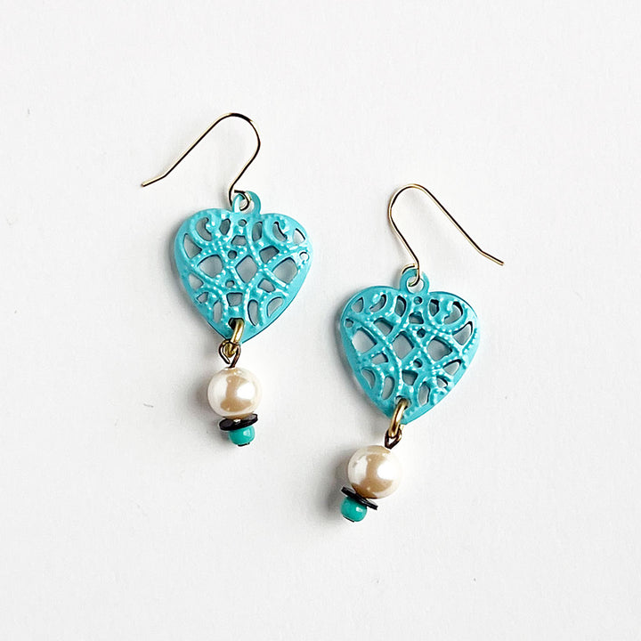 Powder Blue Heart & Vintage Glass Pearl Earrings