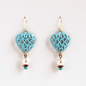 Powder Blue Heart & Vintage Glass Pearl Earrings