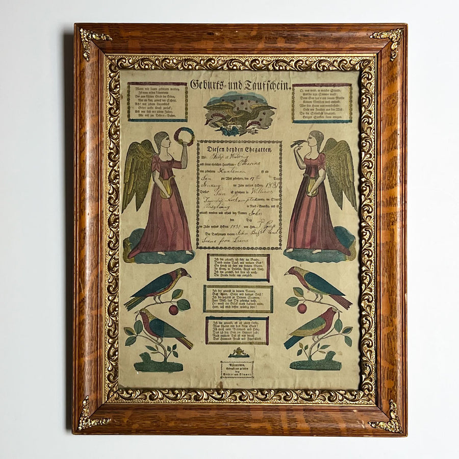 Original Pennsylvania-Dutch Folk Art Fraktur Certificate Vintage Art (1831)
