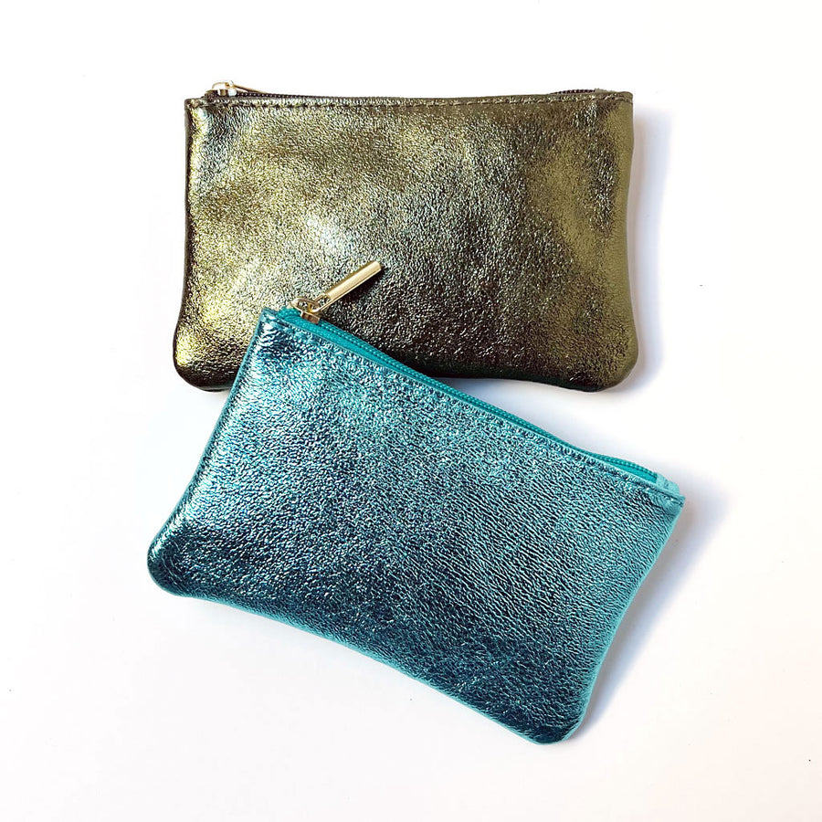 Olive & Aqua Blue Metallic Leather Medium Pouch