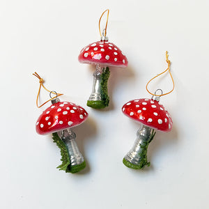 Red Cap Mushroom with Grass Glass Ornament