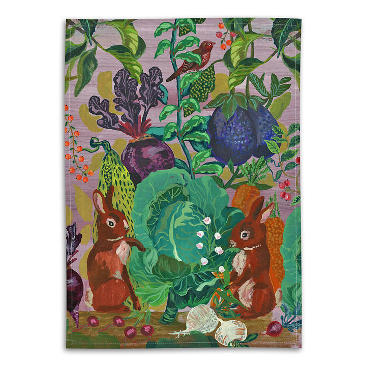 Nathalie Lete Rabbits in the Cabbage Patch Linen Tea Towel