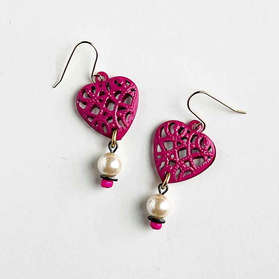 Raspberry Pink Heart & Vintage Glass Pearl Earrings