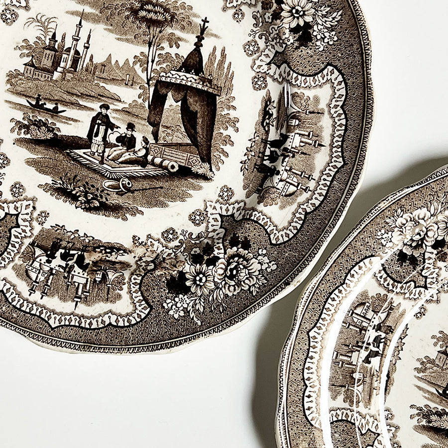 Vintage Brown Transferware Adams & Sons Palestine Plates (Set of 2)
