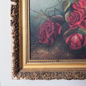 Original Roses Painting on Canvas in Gold Frame Vintage Art