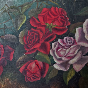 Original Roses Painting on Canvas in Gold Frame Vintage Art