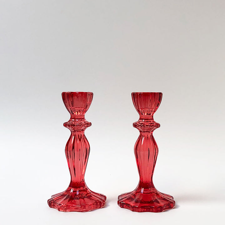 Ruby Red Glass Candlesticks, Set of 2