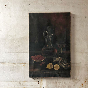 Original Still Life with Carafe, Fruit and Anchovies on Canvas Vintage Art