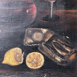 Original Still Life with Carafe, Fruit and Anchovies on Canvas Vintage Art