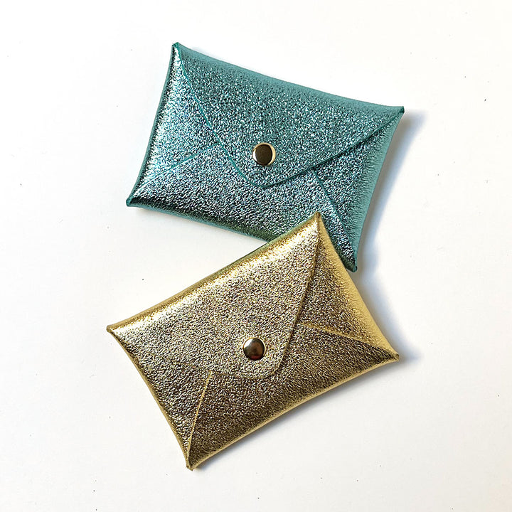 Aqua Blue & Gold Metallic Leather Snap Wallet