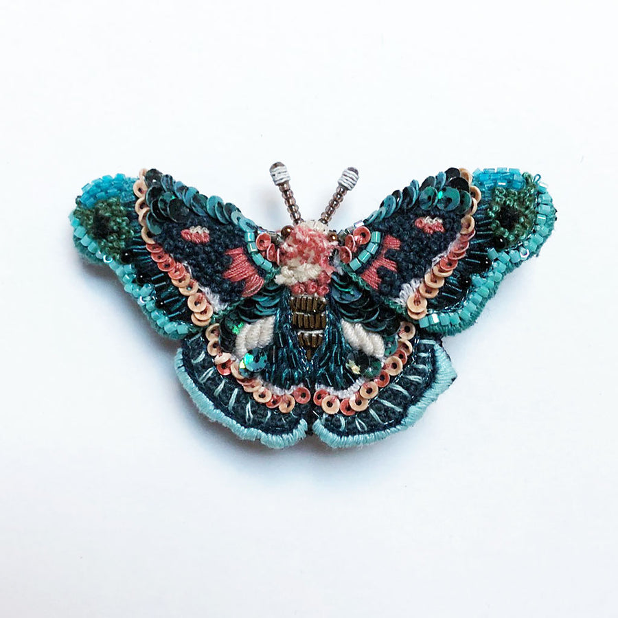 Turquoise & Coral Moth Embroidered Pin